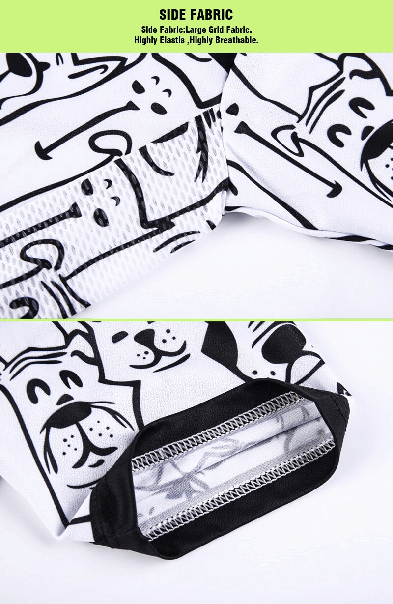 Close-up of white cats print cycling jersey, showing breathable side fabric and elastic hem details for mountain riding.